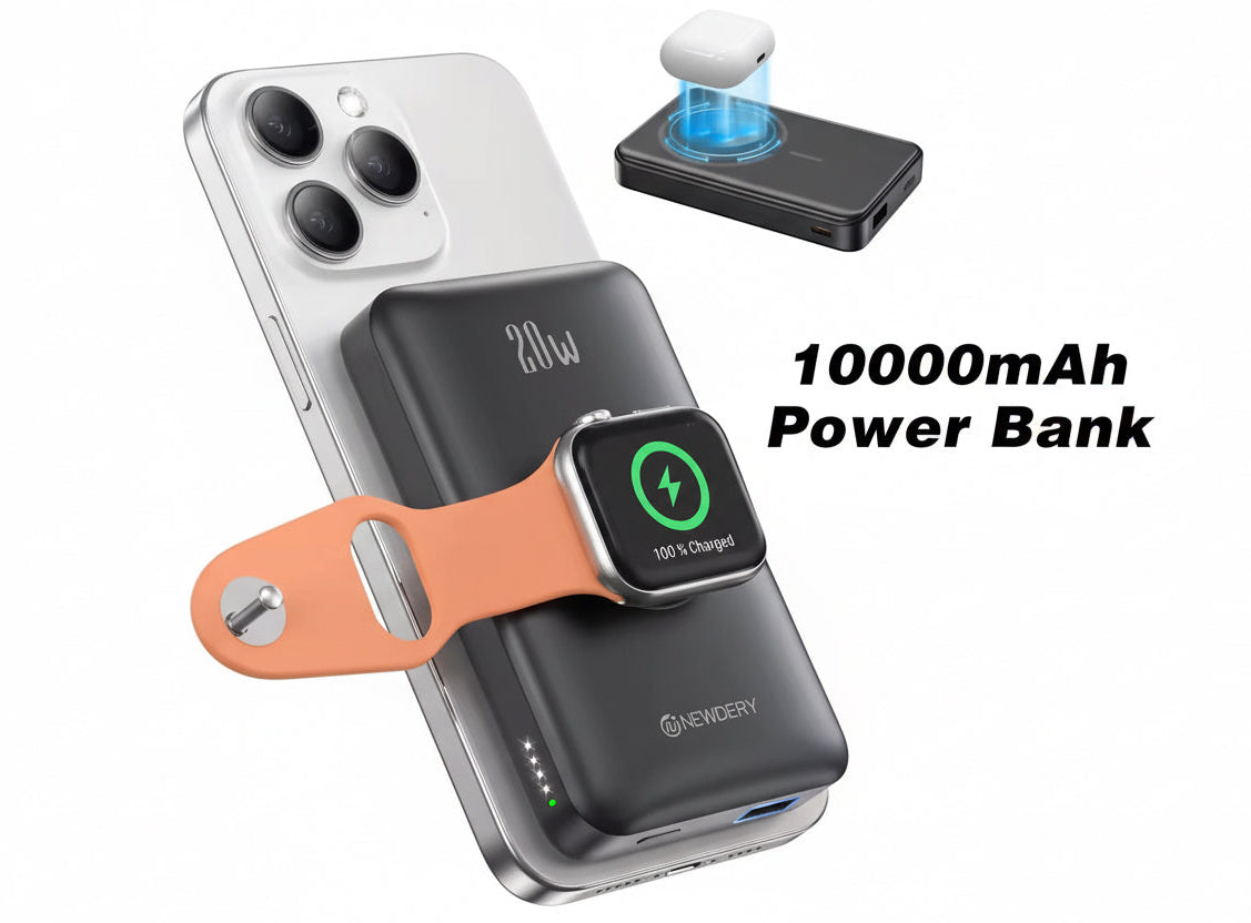 NEWDERY10000mAh Magnetic Wireless Power Bank for Apple Watch /9/8/7/6/5/4/Ultra 2 iWatch Battery Pack For iPhone 16/15,Galaxy