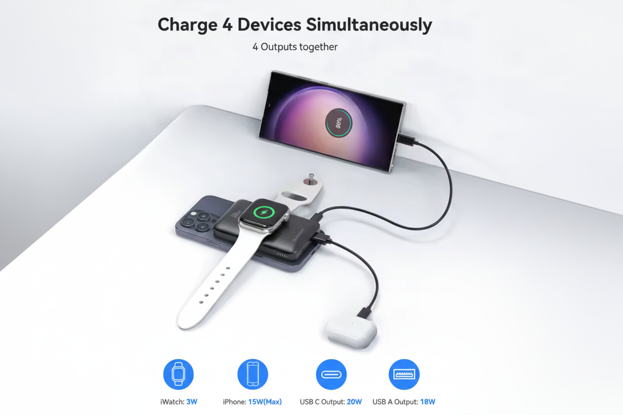 NEWDERY10000mAh Magnetic Wireless Power Bank for Apple Watch /9/8/7/6/5/4/Ultra 2 iWatch Battery Pack For iPhone 16/15,Galaxy